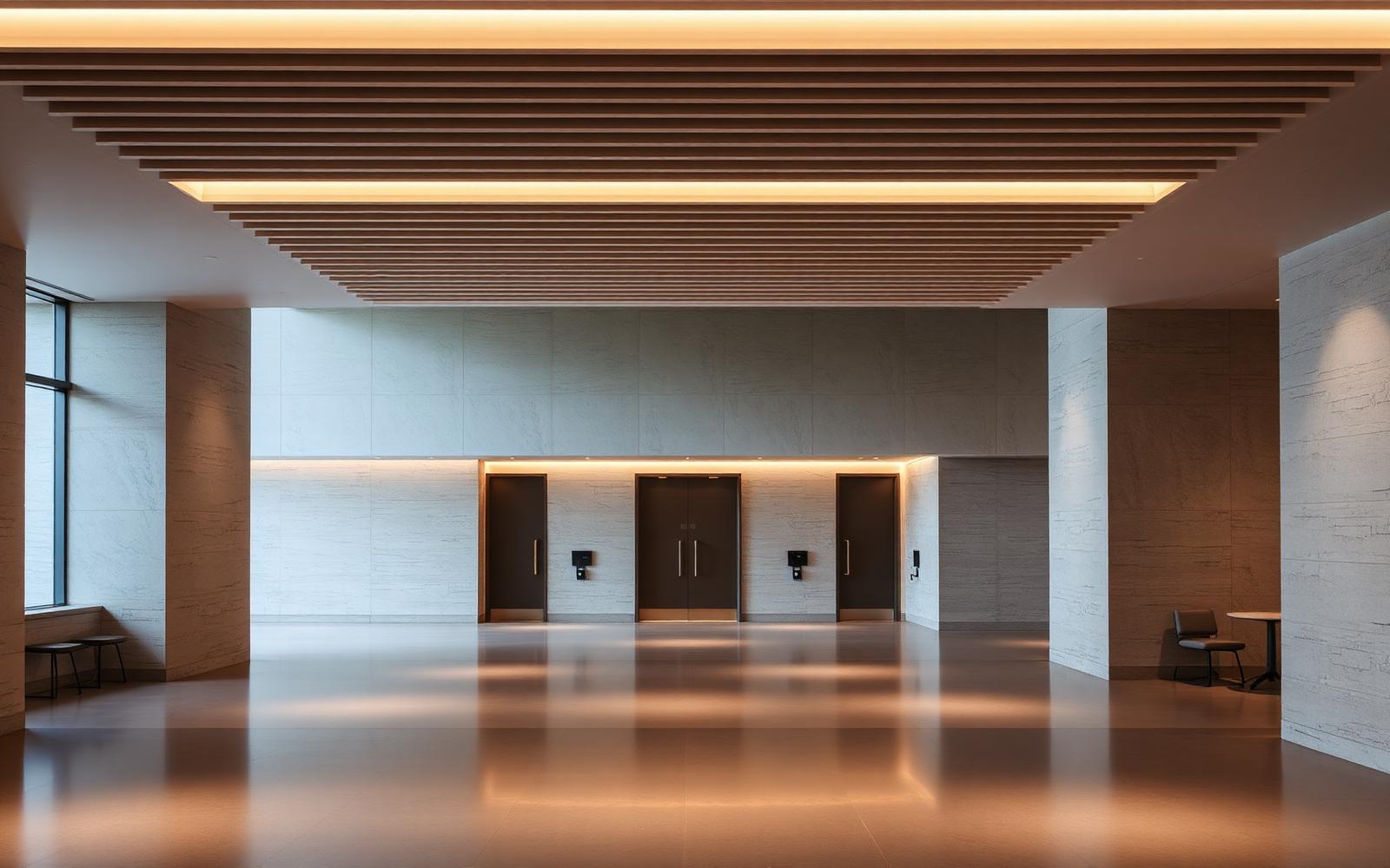 Modern lobby interior with linear architectural lighting
